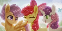Size: 2000x1000 | Tagged: safe, artist:schicrke, apple bloom, scootaloo, sweetie belle, :d, ^^, bow, cloud, cutie mark crusaders, earth pony, eyes closed, female, filly, foal, g4, grass, hair bow, horn, imported from derpibooru, open mouth, open smile, outdoors, pegasus, pink bow, pony, sky, smiling, spread wings, tree, unicorn, upper body, wings
