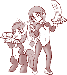 Size: 1215x1349 | Tagged: explicit, artist:crade, apple bloom, apple bloom's bow, banned from derpibooru, bipedal, bow, breasts, dildo, earth pony, female, females only, fleshlight, foalcon, freckles, grayscale, hair bow, horsecock dildo, human, human ponidox, humanized, imported from twibooru, lolicon, looking at you, monochrome, nipples, nudity, peace sign, penetrable sex toy, playboy bunny apple bloom, pony, reverse bunny suit, self paradox, self ponidox, serving tray, sex toy, simple background, underage, vulva, white background