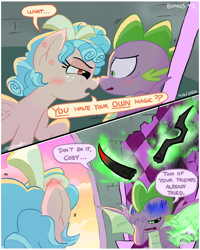 Size: 1080x1350 | Tagged: safe, artist:loreto-arts, queen chrysalis, spike, comic:friendship is innuendo, 2 panel comic, abuse, blush lines, blushing, chrysabuse, comic, cozy glow, cross-popping veins, dragon, duo, duo male, duo male and female, emanata, female, filly, foal, g4, horn, implied king sombra, implied queen chrysalis, imported from derpibooru, levitation, magic, male, pegasus, pony, sombrabuse, spread wings, telekinesis, winged spike, wings