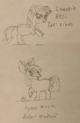 Size: 1867x2871 | Tagged: safe, artist:froggyglen, apple bloom, sweetie belle, duo, duo female, earth pony, female, filly, foal, g4, horn, imported from derpibooru, pencil drawing, pony, raised hoof, raised hooves, traditional art, unicorn