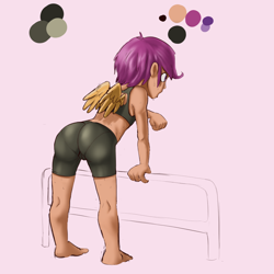 Size: 1280x1280 | Tagged: questionable, artist:crade, scootaloo, ass, banned from derpibooru, butt, cameltoe, clothes, female, human, humanized, imported from twibooru, lolicon, pink background, simple background, skintight clothes, solo, solo female, spats, sports bra, sweat, underage, winged humanization, wings