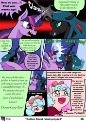 Size: 2480x3508 | Tagged: safe, artist:nicolai, queen chrysalis, twilight sparkle, comic:golden roast rehab project, alicorn, angry, cape, changeling, clothes, cmc cape, comic, cozy glow, determined look, female, filly, foal, g4, horn, horns are touching, imported from derpibooru, mare, menacing, open mouth, pegasus, unshorn fetlocks, wings, yelling