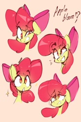 Size: 2000x3000 | Tagged: safe, artist:flaming heart, apple bloom, bow, bust, dialogue, earth pony, expressions, eye clipping through hair, eyebrows, eyebrows visible through hair, female, filly, floppy ears, foal, g4, grin, hair bow, imported from derpibooru, orange background, pony, simple background, smiling, solo, sparkles, speech bubble