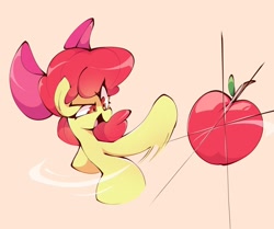 Size: 2000x1669 | Tagged: safe, artist:flaming heart, apple bloom, adorabloom, apple, bow, cute, earth pony, female, filly, fling, foal, food, g4, hair bow, imported from derpibooru, open mouth, open smile, orange background, pony, simple background, smiling, solo, throwing, yeet