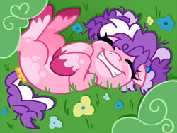 Size: 1000x750 | Tagged: safe, artist:0liiver, oc, artfight, artfight 2026, bush, cute, earth pony, female, filly, flower, foal, frizzy hair, frolicking, grass, imported from derpibooru, lying down, lying in grass, magical lesbian spawn, oc only, offspring, parent:pinkie pie, parent:twilight sparkle, parents:twinkie, pigtails, pony, rolling, solo, unshorn fetlocks
