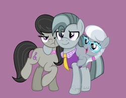 Size: 4500x3500 | Tagged: safe, artist:squipycheetah, silver spoon, annoyed, brother and sister, earth pony, female, filly, foal, g4, g4.5, g4.5 to g4, generation leap, happy, headcanon, hoof around neck, hug, imported from derpibooru, male, mare, octavia melody, octavio pie, pony, purple background, raised hoof, siblings, simple background, sisters, smiling, stallion, trio