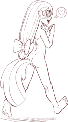 Size: 811x1434 | Tagged: explicit, artist:crade, apple bloom, anal tail plug, ass, banned from derpibooru, bow, butt, buttplug, fake tail, featureless crotch, female, grayscale, hair bow, heart, heart eyes, human, humanized, imported from twibooru, lolicon, looking back, monochrome, sex toy, simple background, solo, solo female, underage, white background, wingding eyes