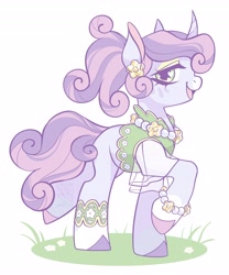 Size: 3401x4096 | Tagged: safe, artist:lovely.brew, sweetie belle, alternate hairstyle, bracelet, clothes, curved horn, dress, ear piercing, earring, female, filly, foal, g4, horn, imported from derpibooru, jewelry, looking at you, makeup, piercing, pony, raised hoof, simple background, solo, standing on two hooves, unicorn, white background