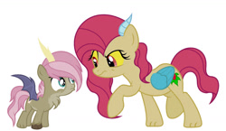 Size: 1280x742 | Tagged: safe, artist:cookiedraws3, oc, oc:chaos paws, oc:nature heart, colt, female, foal, hybrid, imported from derpibooru, interspecies offspring, pegasus, pony, simple background, white background