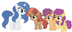 Size: 1280x577 | Tagged: safe, artist:cookiedraws3, oc, oc:apple tonics, oc:diamond radiance, oc:harmony hearts, oc:speedy dawn, earth pony, female, filly, foal, horn, imported from derpibooru, mare, offspring, parent:apple bloom, parent:button mash, parent:fancypants, parent:rarity, parent:rumble, parent:scootaloo, parent:sweetie belle, parent:tender taps, parents:raripants, parents:rumbloo, parents:sweetiemash, parents:tenderbloom, pegasus, pony, simple background, unicorn, white background