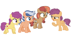Size: 1280x641 | Tagged: safe, artist:cookiedraws3, oc, oc:apple tonics, oc:harmony hearts, oc:speedy dawn, colt, earth pony, female, filly, foal, horn, imported from derpibooru, male, offspring, parent:apple bloom, parent:button mash, parent:rumble, parent:scootaloo, parent:sweetie belle, parent:tender taps, parents:rumbloo, parents:sweetiemash, parents:tenderbloom, pegasus, pony, unicorn