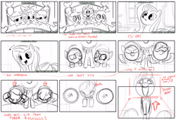 Size: 2684x1834 | Tagged: safe, apple bloom, fluttershy, scootaloo, sweetie belle, behind the scenes, cutie mark crusaders, earth pony, female, filly, foal, g4, horn, hush now quiet now, imported from derpibooru, mare, monochrome, my little pony: friendship is magic, official, pegasus, pony, sketch, stare master, storyboard, unicorn