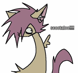 Size: 640x600 | Tagged: safe, artist:mokywow, scootaloo, alternate character, alternate version, animated, blinking, caption, chest fluff, ear fluff, exclamation point, female, filly, flapping, flapping wings, foal, g4, gif, headbob, image macro, impact font, imported from derpibooru, pegasus, pony, simple background, solo, tail, tail wag, text, white background, wings