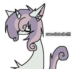 Size: 640x598 | Tagged: safe, artist:mokywow, sweetie belle, alternate character, alternate version, animated, blinking, bow, caption, chest fluff, ear fluff, exclamation point, female, filly, foal, g4, gif, headbob, horn, image macro, impact font, imported from derpibooru, pony, simple background, solo, tail, tail wag, text, two toned mane, unicorn, white background