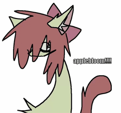 Size: 640x596 | Tagged: safe, artist:mokywow, apple bloom, animated, blinking, bow, caption, chest fluff, ear fluff, earth pony, exclamation point, female, filly, foal, g4, gif, hair bow, headbob, image macro, impact font, imported from derpibooru, pony, simple background, solo, tail, tail wag, text, white background