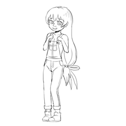 Size: 2480x2480 | Tagged: questionable, artist:crade, apple bloom, banned from derpibooru, black and white, bow, braless, breasts, clothes, female, grayscale, hair bow, human, humanized, imported from twibooru, lolicon, looking at you, monochrome, naked overalls, nipples, no underwear, nudity, overalls, simple background, underage, white background