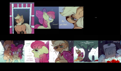 Size: 6001x3520 | Tagged: safe, artist:krembosha_krabi, apple bloom, applejack, ..., apple, apple bloom's bow, applejack's hat, bags under eyes, barn, bow, comic, cowboy hat, crying, dialogue, earth pony, eyebrows, eyebrows visible through hair, female, filly, foal, food, g4, gravestone, hair bow, hat, implied death, imported from derpibooru, mare, nightmare, pony, siblings, sisters, speech bubble, waking up
