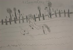 Size: 2554x1739 | Tagged: safe, artist:b.pow, applejack, cozy glow, derpibooru exclusive, female, fence, filly, foal, g4, imported from derpibooru, lawn mower, pencil drawing, sweat, text, traditional art, tree