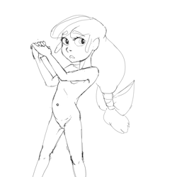 Size: 2480x2480 | Tagged: explicit, artist:crade, apple bloom, banned from derpibooru, black and white, bow, breasts, female, grayscale, hair bow, human, humanized, imported from twibooru, lolicon, monochrome, nudity, simple background, solo, solo female, underage, vulva, white background