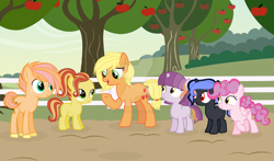 Size: 1280x751 | Tagged: safe, artist:froggers1995, applejack, oc, oc:apple critter, oc:apple star, oc:artimis, oc:morning glory, oc:party feather, alternate hairstyle, apple, apple tree, colt, deviantart watermark, earth pony, female, fence, filly, foal, freckles, g4, hill, hippogriff, horn, hybrid, imported from derpibooru, interspecies offspring, magical lesbian spawn, male, mare, obtrusive watermark, offspring, outdoors, parent:applejack, parent:big macintosh, parent:flim, parent:fluttershy, parent:gilda, parent:king sombra, parent:pinkie pie, parent:prince blueblood, parent:princess luna, parent:twilight sparkle, parents:flimjack, parents:fluttermac, parents:gildapie, parents:lumbra, parents:twiblood, pegasus, pony, sky, tree, unicorn, unshorn fetlocks, watermark