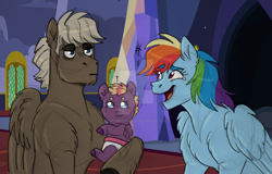 Size: 1920x1225 | Tagged: safe, artist:charlie03bigote, artist:estories, rainbow dash, oc, oc:wind shine, baby, baby pony, chest fluff, deviantart watermark, dumbbell, father and child, father and daughter, female, filly, foal, g4, holding a pony, imported from derpibooru, indoors, male, mare, not shipping, obtrusive watermark, offspring, open mouth, open smile, parent:dumbbell, parent:twilight sparkle, parents:dumbtwi, pegasus, pony, smiling, stallion, trio, twilight's castle, unamused, watermark