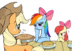 Size: 1027x727 | Tagged: safe, artist:riceuki, apple bloom, applejack, rainbow dash, apple bloom's bow, applejack's hat, bow, cowboy hat, earth pony, emanata, female, filly, foal, food, g4, hair bow, hat, hooves together, imported from derpibooru, lesbian, mare, pancakes, pegasus, pie, pony, rainbow dash always dresses in style, rainbow dash is not amused, ship:appledash, shipping, simple background, smug, stifling laughter, table, trio, trio female, unamused, white background