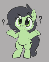 Size: 1318x1665 | Tagged: safe, artist:bagegale, oc, oc:filly anon, bipedal, earth pony, eye clipping through hair, eyebrows, eyebrows visible through hair, female, filly, foal, frown, gray background, imported from derpibooru, oc only, pony, raised eyebrow, shrug, simple background, solo