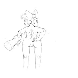Size: 2000x2000 | Tagged: explicit, artist:crade, apple bloom, anus, ass, banned from derpibooru, bow, butt, disembodied hand, female, female focus, grayscale, hair bow, hand, human, humanized, imported from twibooru, lolicon, looking at you, looking back, looking back at you, monochrome, nudity, offscreen character, pov, presenting, simple background, sketch, solo focus, spreading, spreading anus, tongue out, underage, vulva, white background