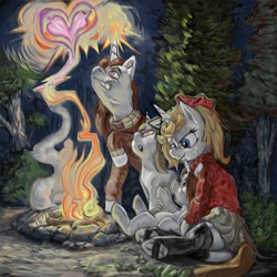 Size: 1280x1280 | Tagged: safe, artist:moxxybee, oc, oc:huf, oc:lore nook, bow, campfire, clothes, collared shirt, colt, family, female, filly, foal, forest, horn, imported from derpibooru, male, mare, married couple, nature, outdoors, pony, shirt, skirt, socks, stallion, sweater, tree, unicorn