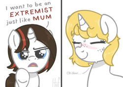 Size: 4096x2876 | Tagged: safe, artist:eohtunere, oc, oc:lore nook, colt, female, foal, funny, horn, imported from derpibooru, male, mare, mother and child, mother and son, oc name needed, oc only, text, unicorn, unicorn oc