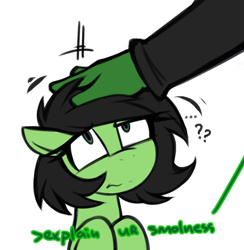 Size: 1838x1880 | Tagged: safe, artist:madragon, oc, oc:anon, oc:filly anon, duo, earth pony, explain your smolness, female, filly, foal, imported from derpibooru, looking up, messy mane, no catchlights, offscreen character, patting, pony, question mark, simple background, smol, text, wavy mouth, white background