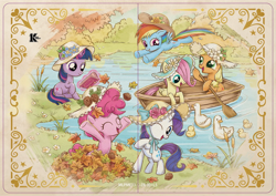 Size: 1500x1064 | Tagged: safe, applejack, fluttershy, pinkie pie, rainbow dash, rarity, twilight sparkle, artist needed, bird, boat, book, ccg, cute, duck, duckling, female, filly, filly mane six, filly pinkie pie, filly rainbow dash, filly rarity, filly twilight sparkle, flower, foal, g4, hat, imported from derpibooru, kayou, leaves, mane six, merchandise, my little pony: friendship is magic, oar, official, sun hat, trading card, younger