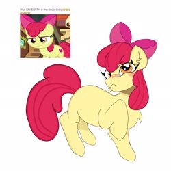 Size: 2048x2048 | Tagged: safe, artist:soundscapediary, apple bloom, apple bloom's bow, blank flank, blushing, bow, chest fluff, earth pony, female, filly, foal, g4, hair bow, imported from derpibooru, mare, pink bow, pony, raised hoof, solo
