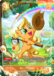 Size: 744x1039 | Tagged: safe, applejack, apple, apple tree, applejack's hat, artist needed, bindle, blank flank, butterfly, card game, cowboy hat, earth pony, female, filly, foal, g4, happy, hat, imported from derpibooru, kayou, my little pony: friendship is magic, official, open mouth, open smile, outdoors, pony, rainbow, rearing, smiling, solo, text, tree, younger
