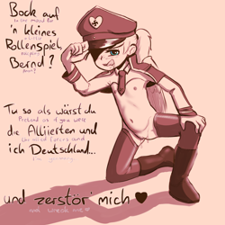 Size: 2200x2200 | Tagged: explicit, artist:crade, oc, oc:luftkrieg, armpits, banned from derpibooru, boots, breasts, delicious flat chest, dialogue, female, fluids, german, hat, human, humanized, imported from twibooru, licking, licking lips, lolicon, monochrome, national socialism, necktie, nipples, nudity, reverse bunny suit, shoes, swastika, tongue out, translated in the picture, underage, vaginal secretions, vulva