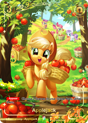 Size: 744x1039 | Tagged: safe, apple bloom, applejack, scootaloo, sweetie belle, apple, apple tree, artist needed, card game, cutie mark crusaders, earth pony, female, filly, foal, g4, group, horn, imported from derpibooru, kayou, looking at you, mare, my little pony: friendship is magic, official, open mouth, open smile, outdoors, pegasus, pony, quartet, raised hoof, smiling, smiling at you, text, tree, unicorn