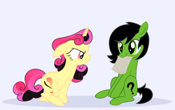 Size: 6246x3957 | Tagged: safe, artist:aysjee, oc, oc:filly anon, oc:inky flare, duo, ears back, female, filly, foal, horn, imported from derpibooru, mouth hold, oc only, pony, simple background, sitting, unicorn