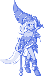 Size: 1367x2379 | Tagged: questionable, artist:crade, alternate hairstyle, anthro, areola, areola slip, banned from derpibooru, black magician girl, clothes, cosplay, costume, female, hat, imported from twibooru, lolicon, monochrome, solo, staff, trixie, underage, unicorn