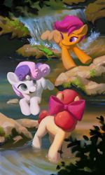 Size: 1548x2580 | Tagged: safe, artist:kyanite, apple bloom, scootaloo, sweetie belle, :d, apple bloom's bow, bow, bush, cutie mark crusaders, earth pony, eyebrows, female, filly, foal, frog, full body, g4, hair bow, horn, imported from derpibooru, looking at someone, open mouth, open smile, outdoors, pegasus, pink bow, pony, prancing, river, rock, smiling, unicorn, wading, water, wip