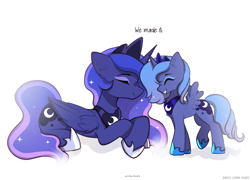 Size: 2248x1621 | Tagged: safe, artist:nnaly, princess luna, series:nnaly's daily luna, ^^, age difference, alicorn, crown, duality, duo, duo female, eyes closed, female, filly, filly luna, foal, g4, grin, hoof shoes, imported from derpibooru, jewelry, lying down, peytral, pony, princess shoes, prone, regalia, self paradox, self ponidox, simple background, size difference, smiling, standing, time paradox, white background, woona, young luna, younger