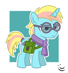Size: 1300x1389 | Tagged: safe, artist:aislingmoro, oc, oc:virt reyas, bag, belt, colt, foal, g4, glasses, grin, hooves, horn, imported from derpibooru, lenses, male, my little pony: friendship is magic, oc only, outline, pony, smiling, solo, unicorn, white outline