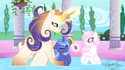 Size: 1280x720 | Tagged: safe, artist:hamatolima, princess celestia, princess luna, oc, oc:queen galaxia, alicorn, bath time, child, cute, daaaaaaaaaaaw, female, filly, filly luna, floppy ears, foal, g4, horn, imported from derpibooru, mother and child, mother and daughter, outdoors, pony, signature, trio, trio female, woona, young celestia, young luna, younger