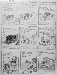 Size: 2186x2844 | Tagged: safe, artist:pony quarantine, oc, oc:dyx, oc:gator mare, oc:jawlene, oc:ponyquarantine, series:pq funnies, alicorn, baseball cap, cap, comic, comic strip, dialogue, eyebrows, eyebrows visible through hair, female, filly, foal, gator pony, grayscale, hat, human, hybrid, imported from derpibooru, male, mare, monochrome, narrowed eyes, oc only, open mouth, open smile, original species, pencil drawing, pony, smiling, traditional art