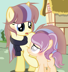 Size: 674x714 | Tagged: safe, artist:thevoid21, oc, base used, blind, clothes, duo, duo female, female, filly, foal, frown, horn, imported from derpibooru, mare, oc only, offspring, outdoors, parent:goldengrape, parent:moondancer, pegasus, pony, ponyville, scarf, unicorn