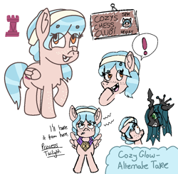 Size: 1020x1000 | Tagged: safe, artist:ace_the_mouse, queen chrysalis, series:the ambassador, a better ending for cozy, alternate cutie mark, alternate design, alternate hairstyle, alternate universe, backstory in description, black outlines, changeling, chest fluff, colored sketch, context in description, cozy glow, determined look, ear fluff, eye clipping through hair, female, filly, foal, freckles, g4, gap teeth, hairband, happy, implied twilight sparkle, imported from derpibooru, long description, pegasus, pixel-crisp art, pony, procreate app, scared, scheming, sketch, spread wings, story included, wings