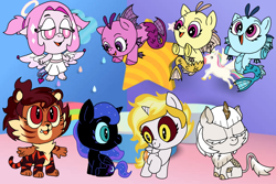 Size: 1494x1000 | Tagged: safe, artist:zetikoopa, adagio dazzle, aria blaze, princess celestia, sonata dusk, oc, oc:elyssa, oc:lullaby, oc:saffron fang, alicorn, baby, big cat, centaur, cute, daybreaker, daybweaker, diabreaker, female, filly, filly daybreaker, foal, g4, gargoyle, imported from derpibooru, kirin, nightmare moon, nightmare woon, siren, taur, the dazzlings, tiger, younger