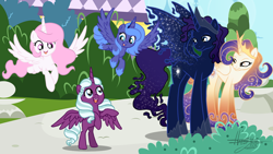 Size: 1280x720 | Tagged: safe, artist:hamatolima, princess celestia, princess luna, oc, oc:king cosmos, oc:queen galaxia, alicorn, child, female, filly, filly luna, filly opaline arcana, foal, g4, g5, imported from derpibooru, opaline arcana, outdoors, pony, woona, younger
