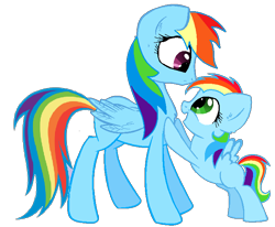 Size: 701x578 | Tagged: safe, artist:princessrainbow123, rainbow dash, oc, female, filly, foal, g4, imported from derpibooru, mare, mother and child, mother and daughter, offspring, parent:rainbow dash, parent:soarin', parents:soarindash, pegasus, pony
