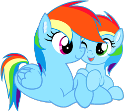 Size: 790x713 | Tagged: safe, artist:princessrainbow123, rainbow dash, oc, female, filly, foal, g4, imported from derpibooru, mare, mother and child, mother and daughter, offspring, parent:rainbow dash, parent:soarin', parents:soarindash, pegasus, pony