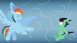 Size: 1920x1080 | Tagged: safe, rainbow dash, oc, oc:colt anon, anonymous artist, colt, duo, duo male and female, earth pony, edit, eyes closed, female, flapping, flapping wings, flying, foal, g4, gradient background, gritted teeth, imported from derpibooru, lineless, looking up, male, mare, no pupils, pegasus, pony, sitting, tail, teeth, wind, windswept mane, windswept tail, wings